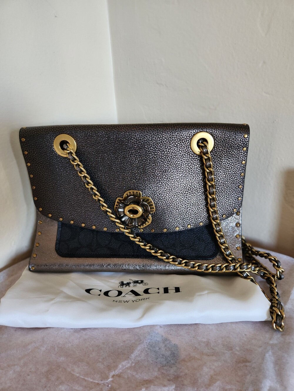 Coach Parker Signature Rivets Snakeskin Bag + Dust Bag